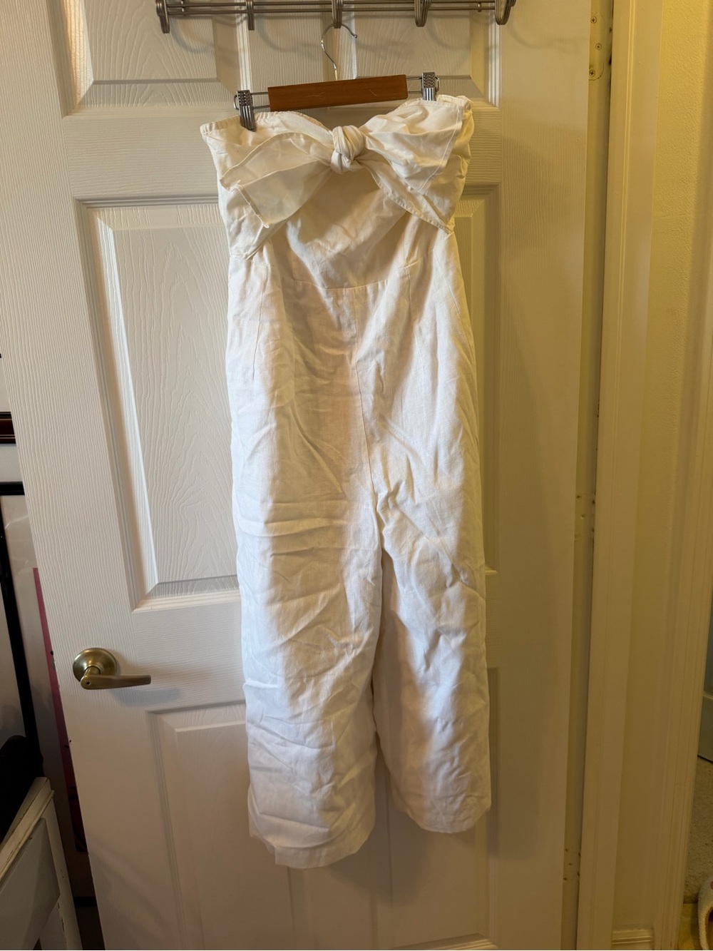 Express White Strapless Linen-Blend Jumpsuit with Front Tie